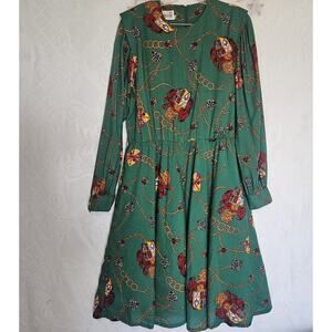 Leslie Fay Size 10 Vintage Emerald Green Chains & Coat Of Arms Dress Equestrian